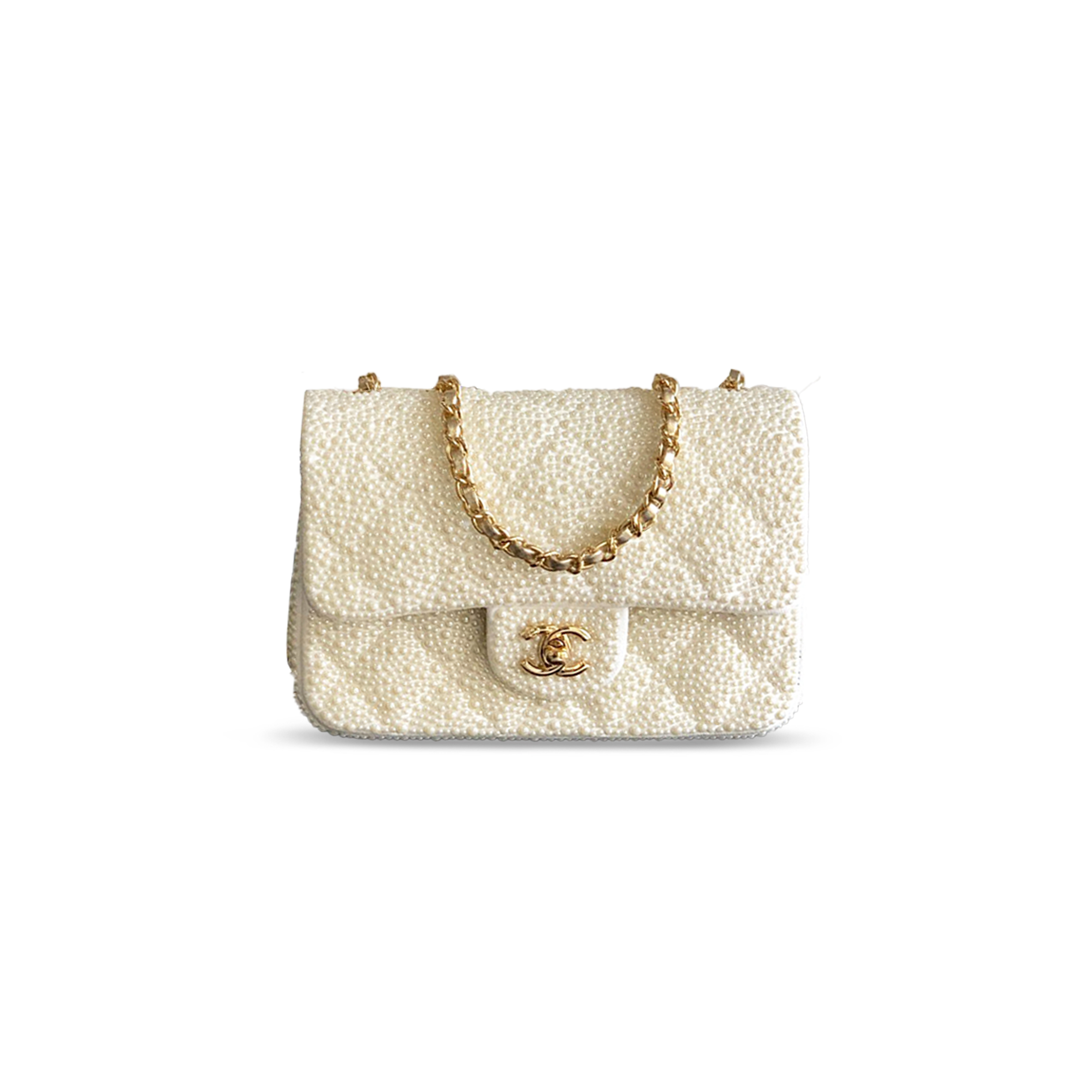 Ch*el mini evening bag, imitation pearls & gold-tone metal white 295848 (20*10*7cm)